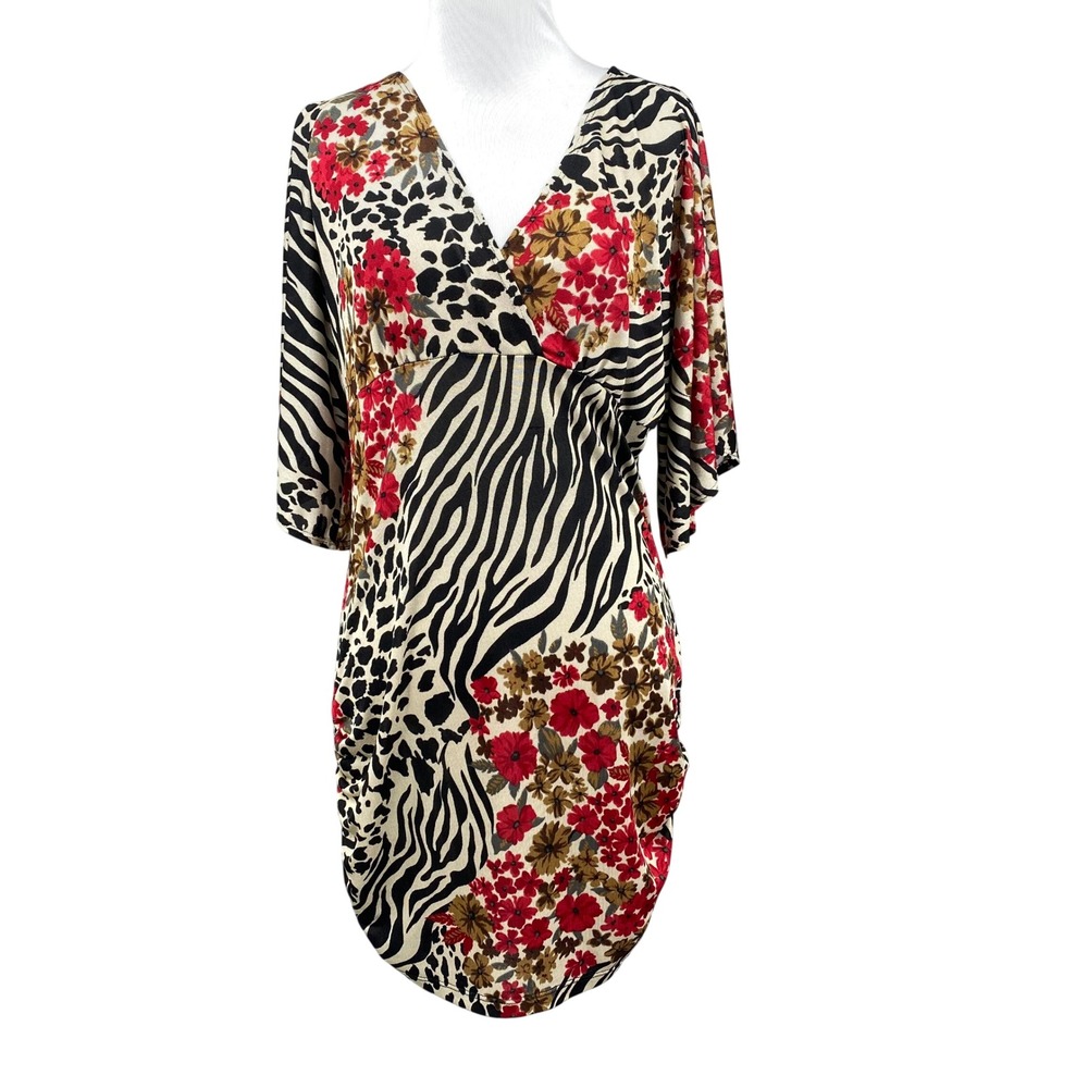 Y2K T-Party Animal Floral Print Cold Shoulder Mini Dress XL Zebra Leopard Red‎